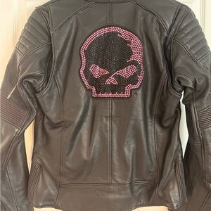 Harley-Davidson Black Leather Jacket and Gloves with Rhinestone Pink Skull